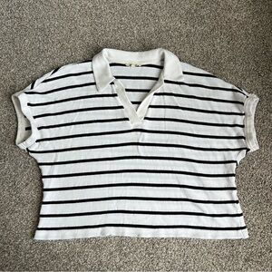 Madewell Relaxed V Neck Polo Knit‎ Shirt in Black & White Stripes, Size Large
